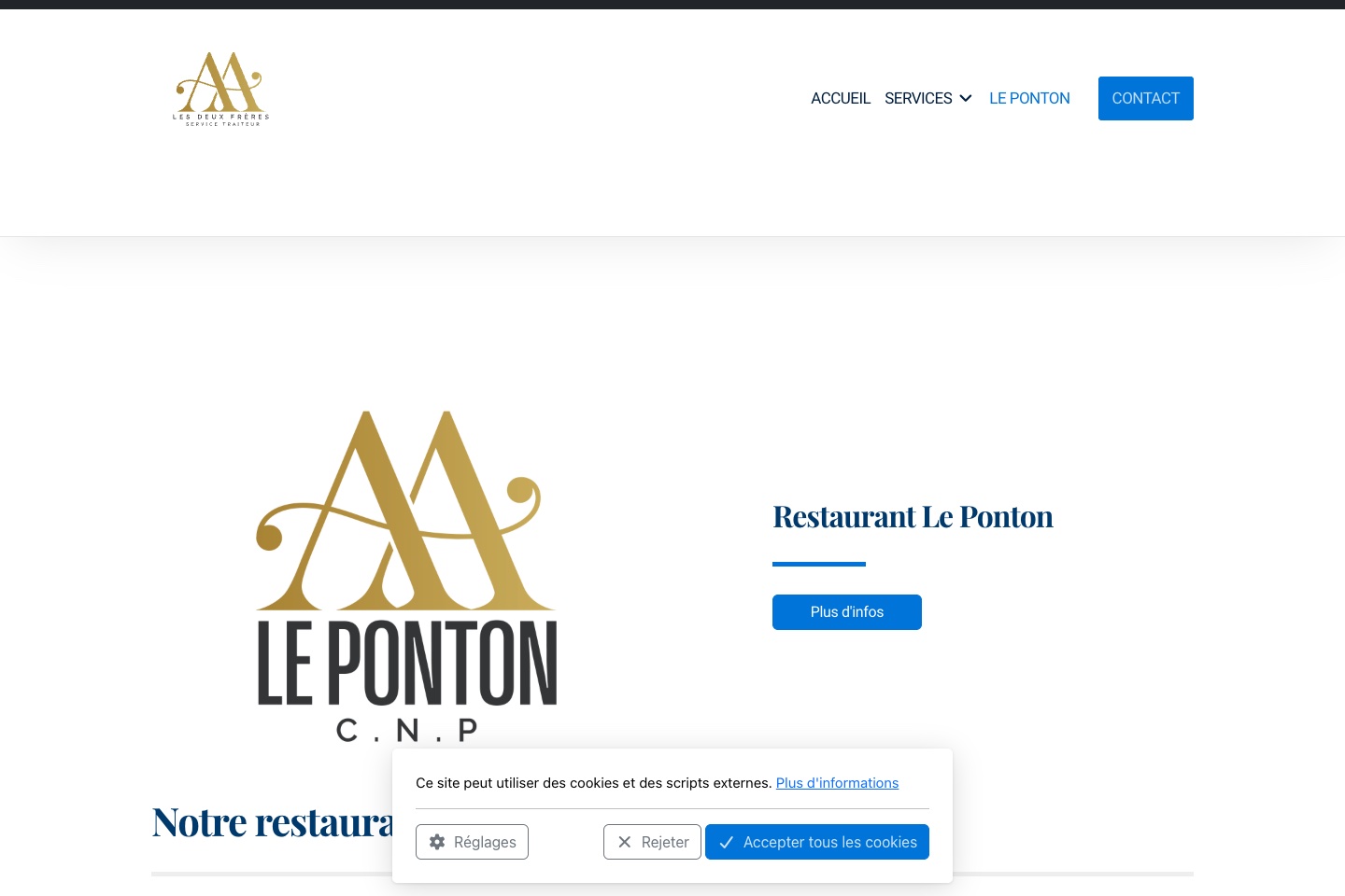Ancienne page du Ponton : fond blanc, grand logo et présentation du restaurant.